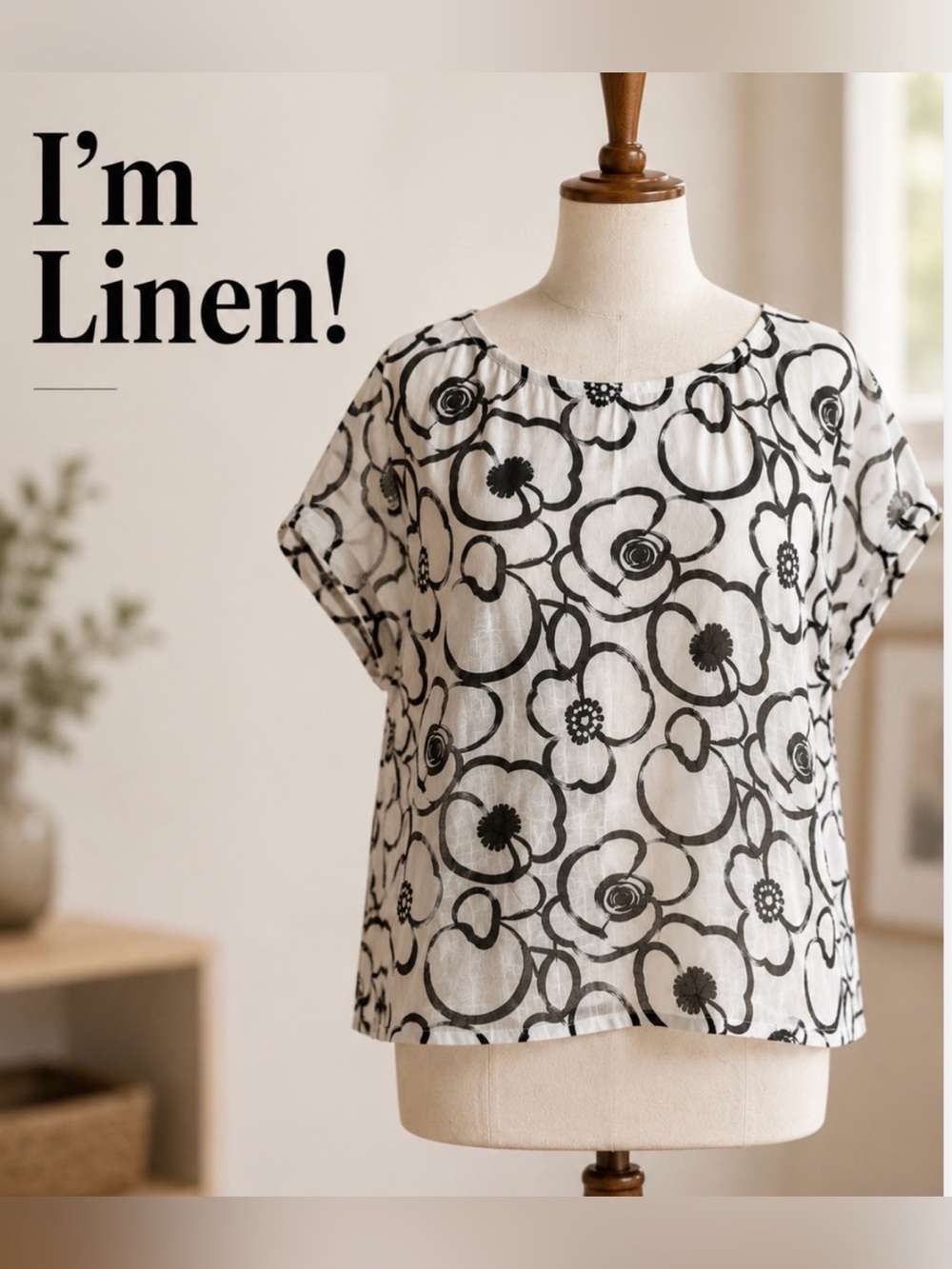 Tahari 100% Linen Black & White Floral Print Top | Size M | Boxy & Lightweight